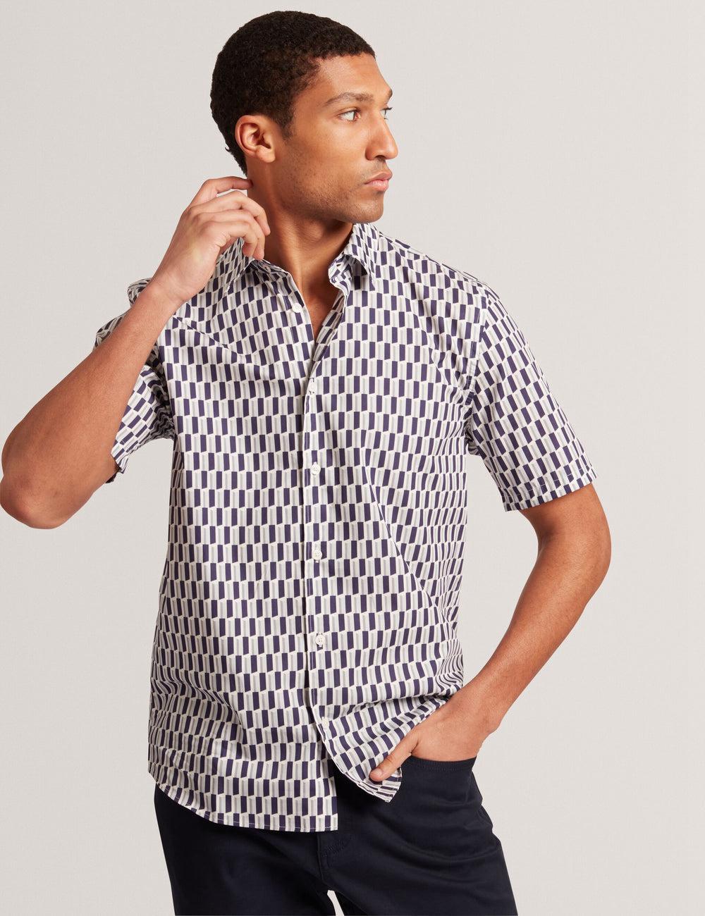 Men Ted Baker PEARSOS - Geo Print Short Sleeve Cotton Casual Shirts Navy | Egypt  AFOZD-9213