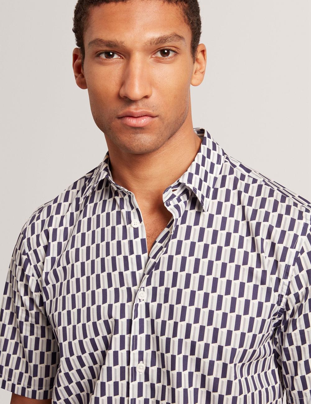 Men Ted Baker PEARSOS - Geo Print Short Sleeve Cotton Casual Shirts Navy | Egypt  AFOZD-9213