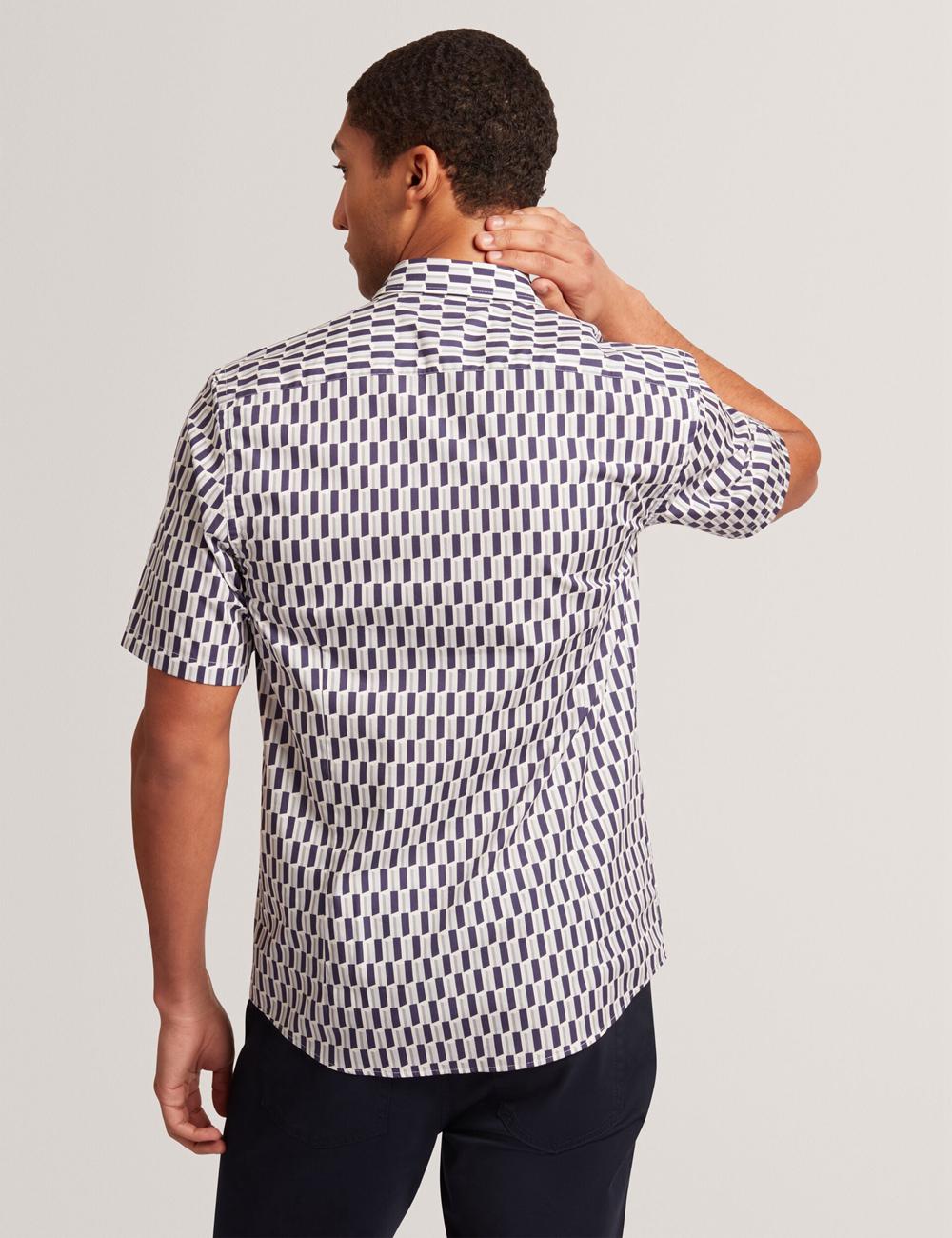 Men Ted Baker PEARSOS - Geo Print Short Sleeve Cotton Casual Shirts Navy | Egypt  AFOZD-9213