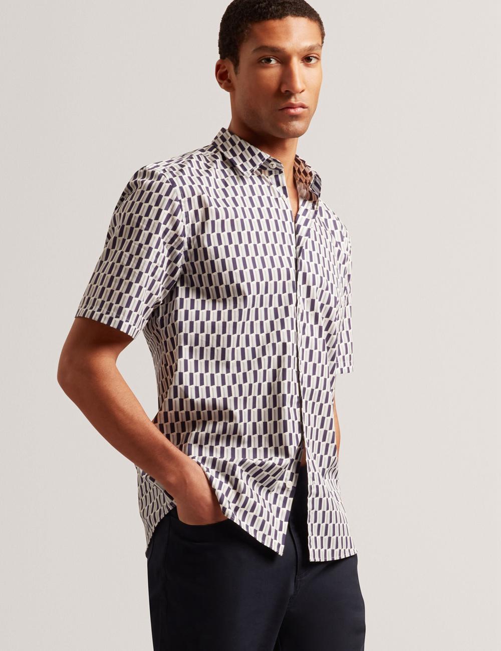 Men Ted Baker PEARSOS - Geo Print Short Sleeve Cotton Casual Shirts Navy | Egypt  AFOZD-9213