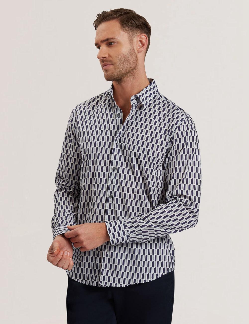 Men Ted Baker PEARSO - Geometric Stripe Long Sleeve Cotton Casual Shirts Navy | Egypt  RCAJX-2168