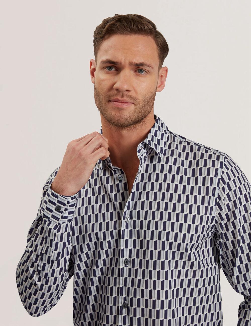 Men Ted Baker PEARSO - Geometric Stripe Long Sleeve Cotton Casual Shirts Navy | Egypt  RCAJX-2168
