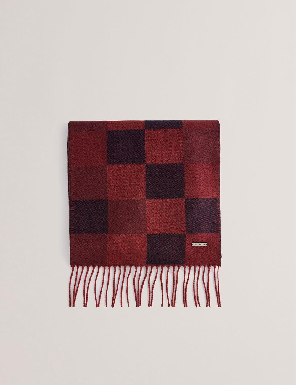 Men Ted Baker PETERRR - Block Check With Fringe Trim Woven Scarves Oxblood | Egypt  KBOVH-3418