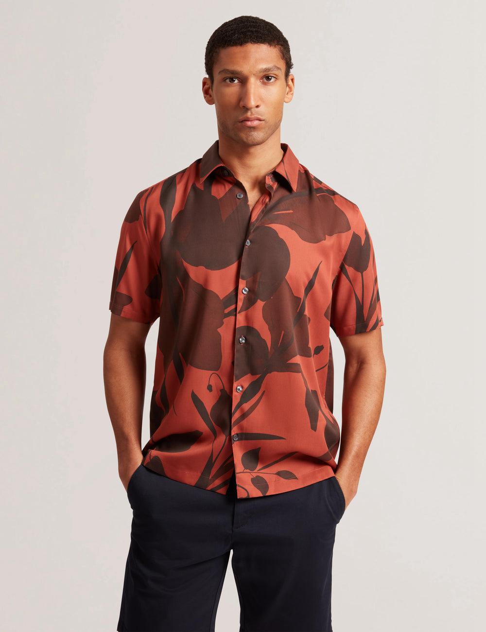 Men Ted Baker PINEDA - Short Sleeve Relaxed Floral Print Casual Shirts Red | Egypt  YSOIZ-6907