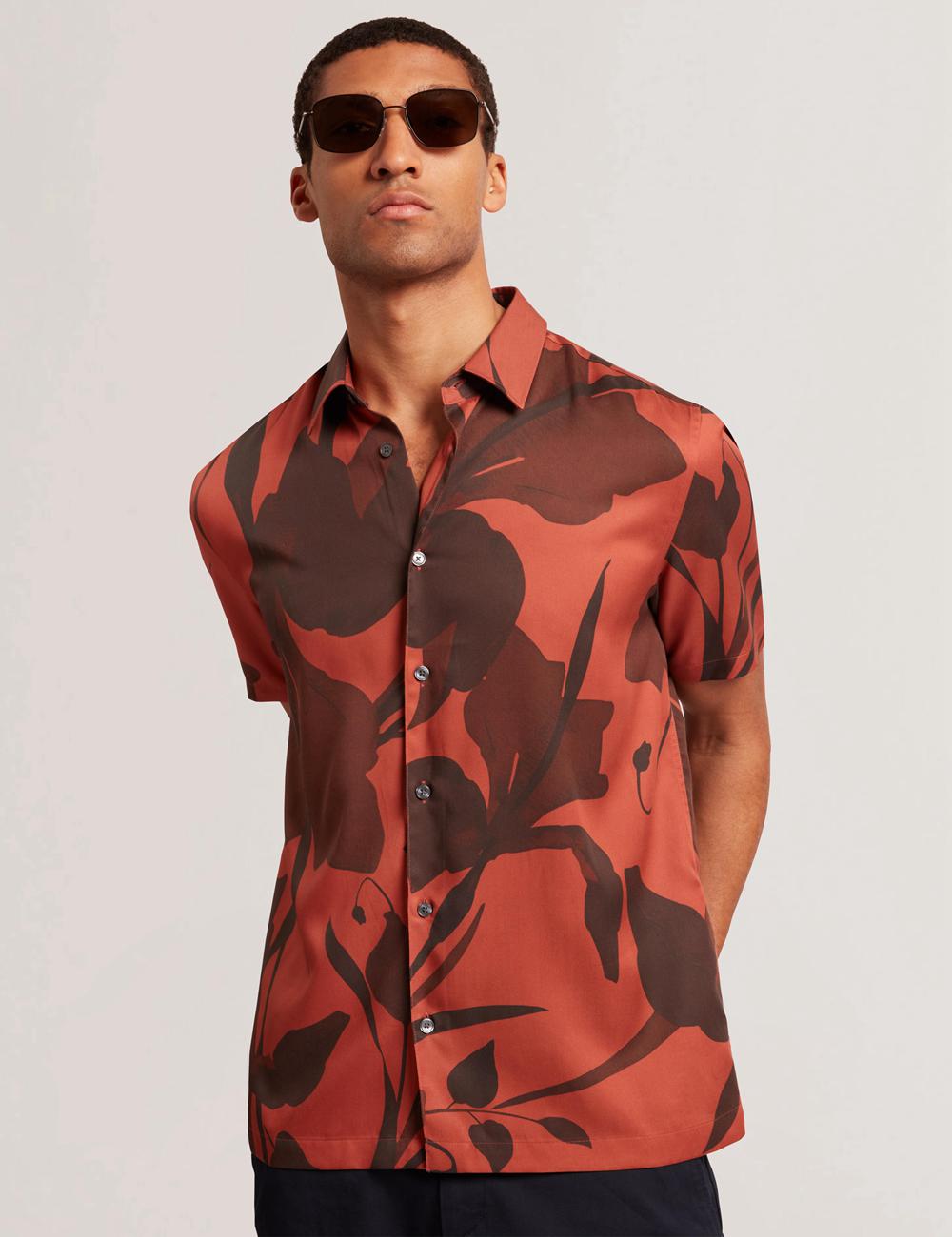Men Ted Baker PINEDA - Short Sleeve Relaxed Floral Print Casual Shirts Red | Egypt  YSOIZ-6907