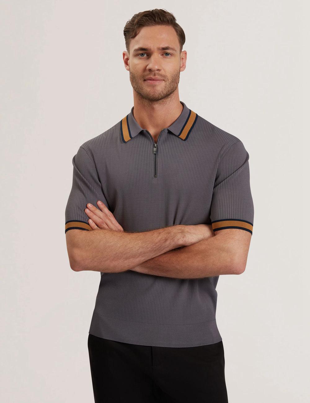 Men Ted Baker RAFAELO - Striped Trim Zip Neck Ribbed Polos Shirts Dk-Grey | Egypt  RVFWN-0148