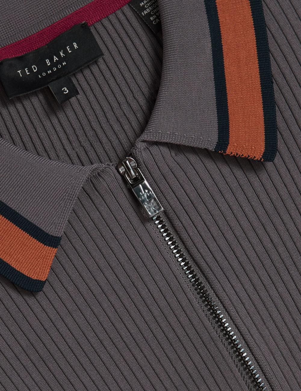 Men Ted Baker RAFAELO - Striped Trim Zip Neck Ribbed Polos Shirts Dk-Grey | Egypt  RVFWN-0148