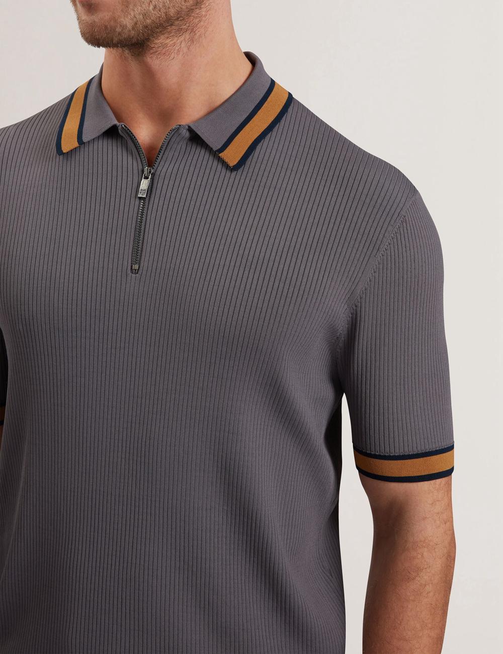 Men Ted Baker RAFAELO - Striped Trim Zip Neck Ribbed Polos Shirts Dk-Grey | Egypt  RVFWN-0148
