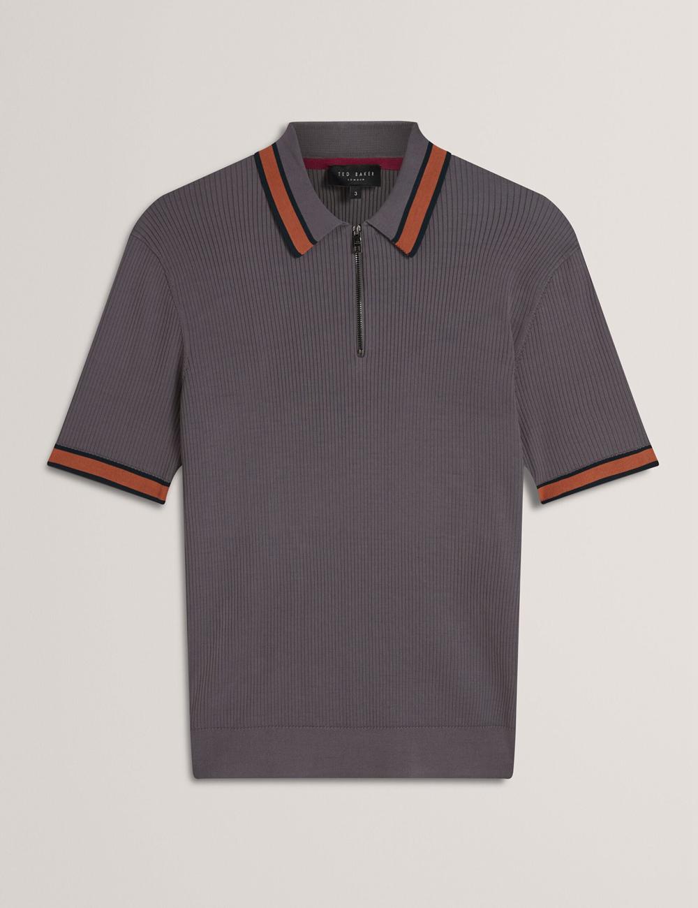 Men Ted Baker RAFAELO - Striped Trim Zip Neck Ribbed Polos Shirts Dk-Grey | Egypt  RVFWN-0148