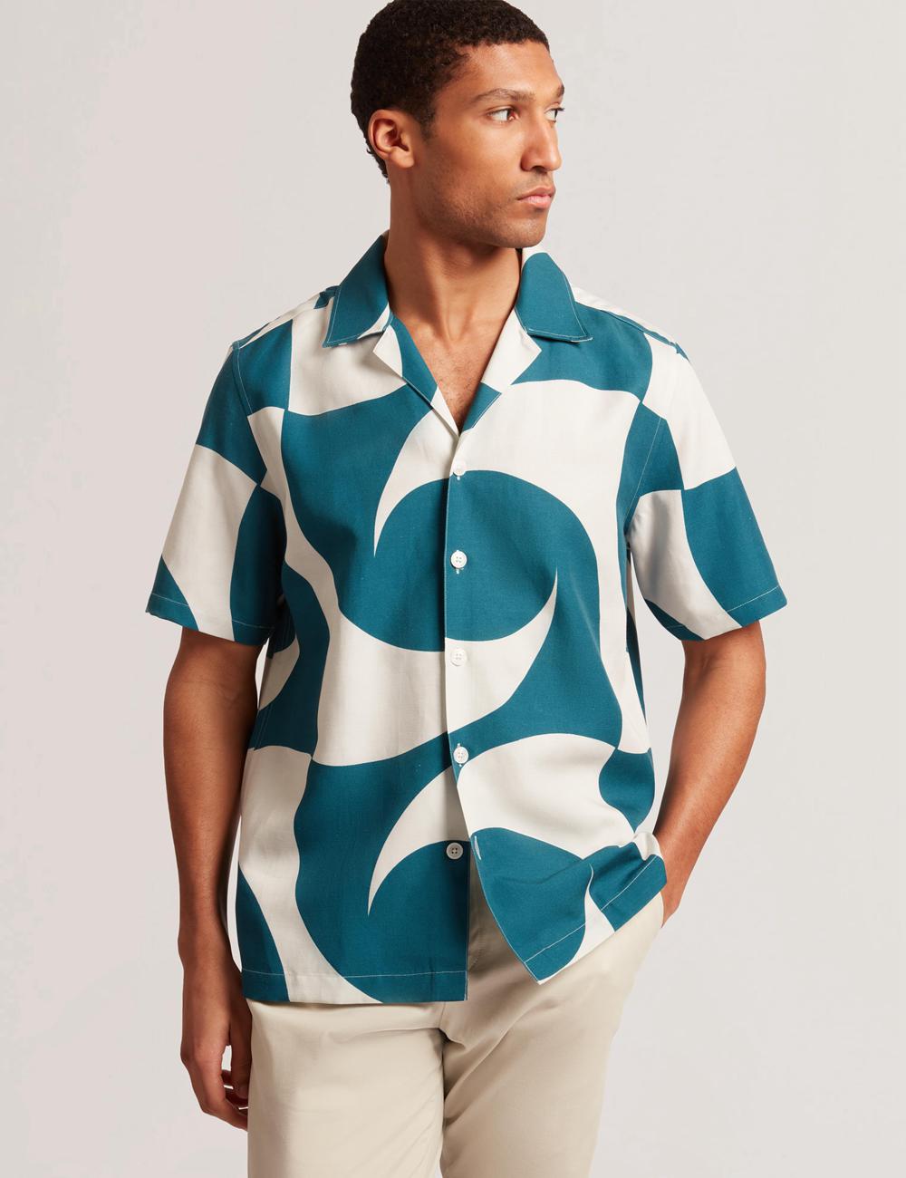 Men Ted Baker ROLDAN - Short Sleeve Oversized Swirl Print Casual Shirts Turquoise | Egypt  KZYCB-4239