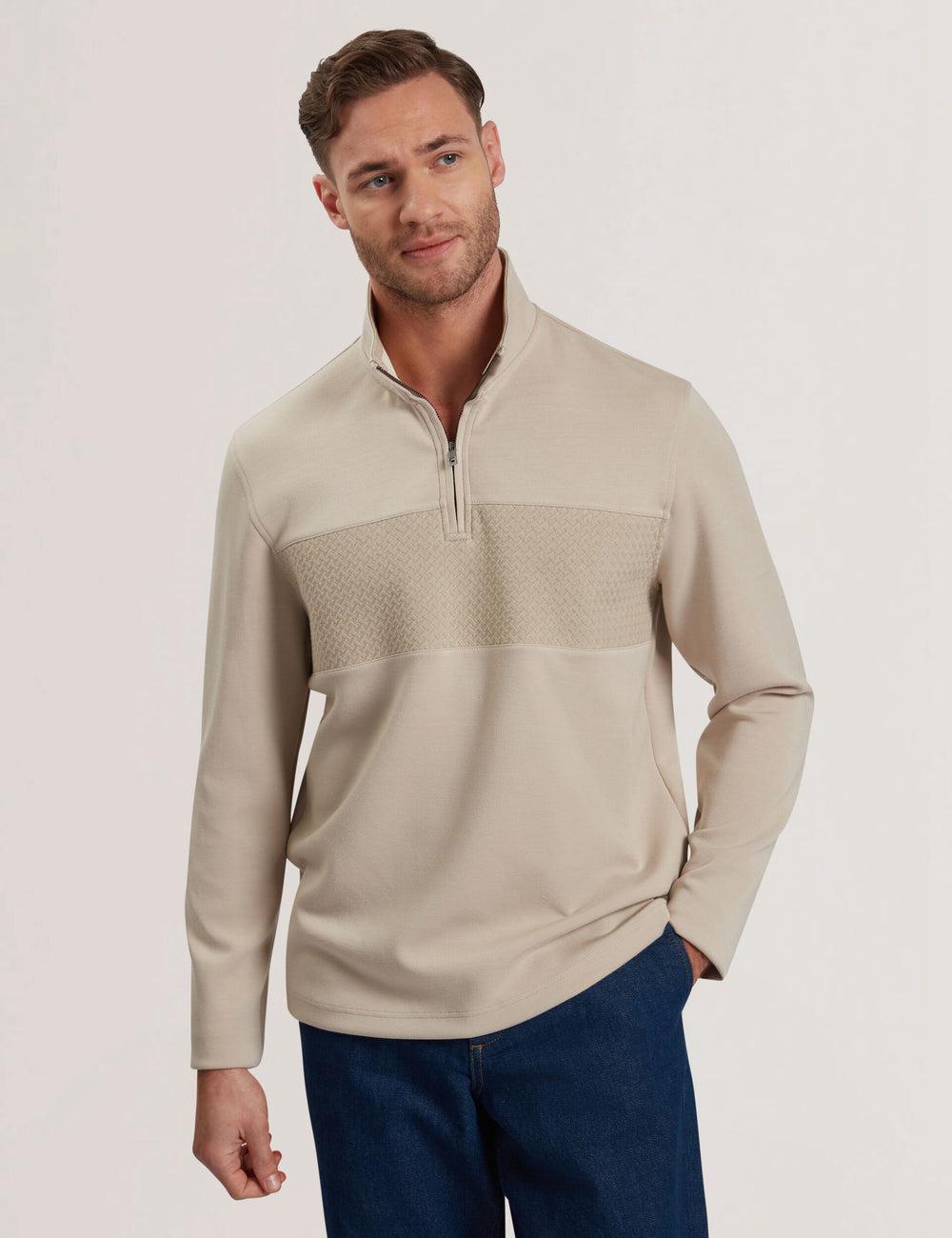 Men Ted Baker SIMONEA - Textured Panel Half-Zip Modal Sweatshirts Taupe | Egypt  EPLBK-1023