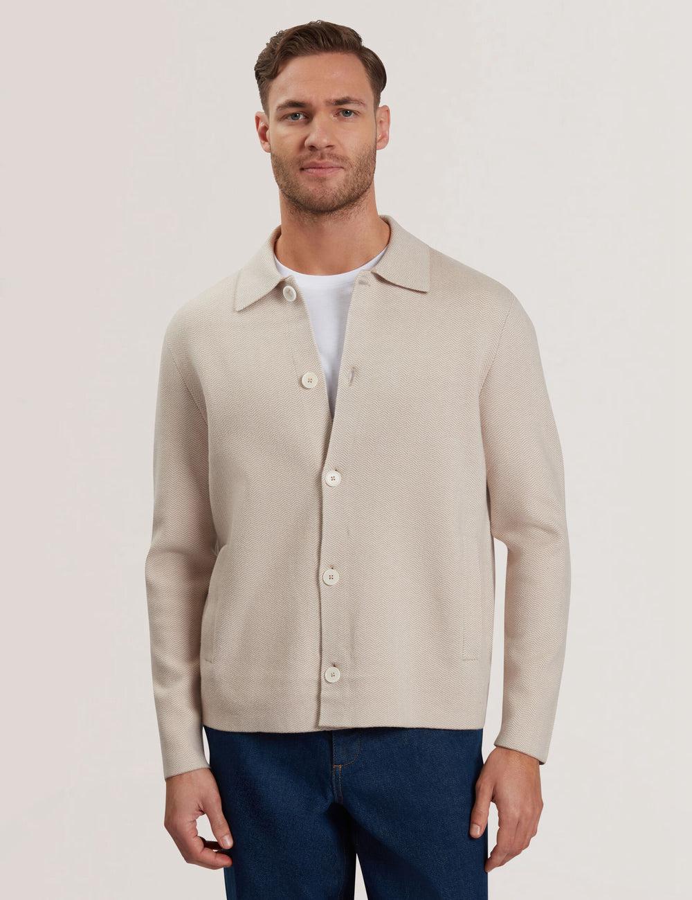 Men Ted Baker THIMON - Herringbone Knit Button-Up Jackets Taupe | Egypt  IMVZP-9475