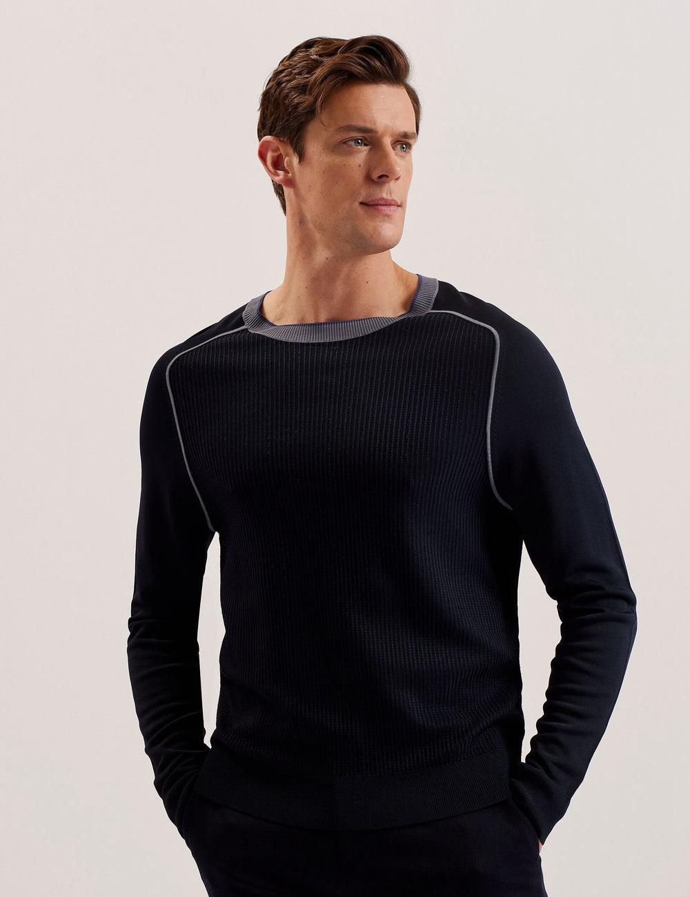 Men Ted Baker TOREZ - Long Sleeve Textured Knit Top Jumpers Navy | Egypt  CUXNE-2976