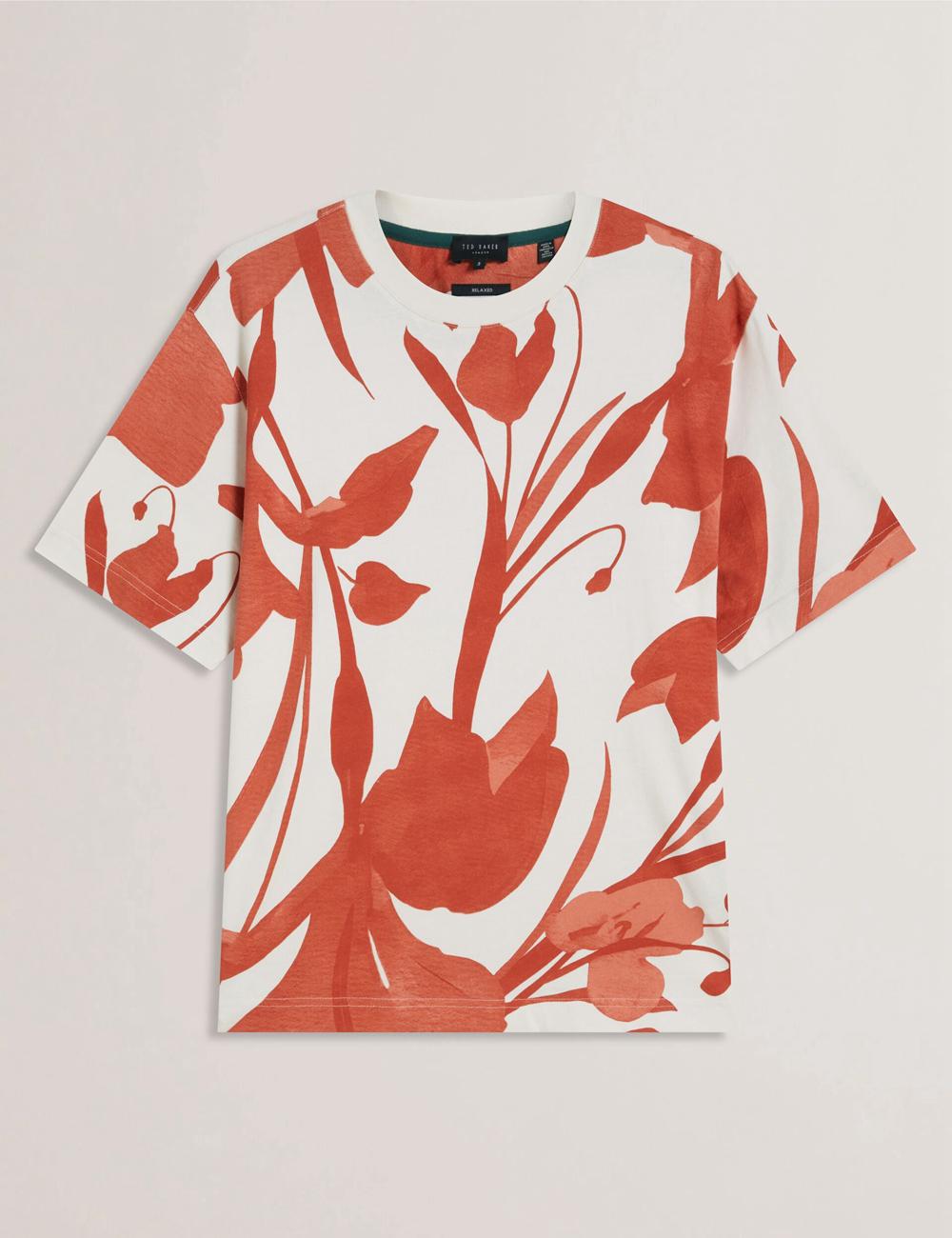 Men Ted Baker YIANNOS - Floral Print Heavyweight Cotton T-Shirts Red | Egypt  CKXON-8064