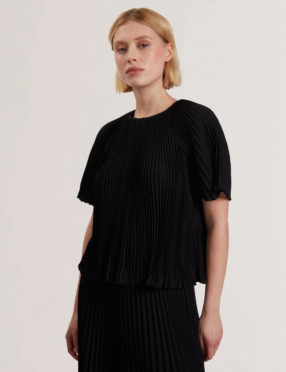 Women Ted Baker AGARA - Pleated Short Sleeve Woven Blouses Black | Egypt  WVEUA-9031