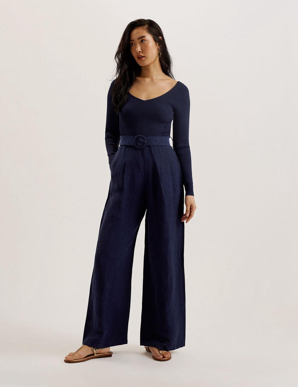 Women Ted Baker AGATEA - Off Shoulder Belted Wide Leg Jumpsuits Navy | Egypt  SQOUH-1859