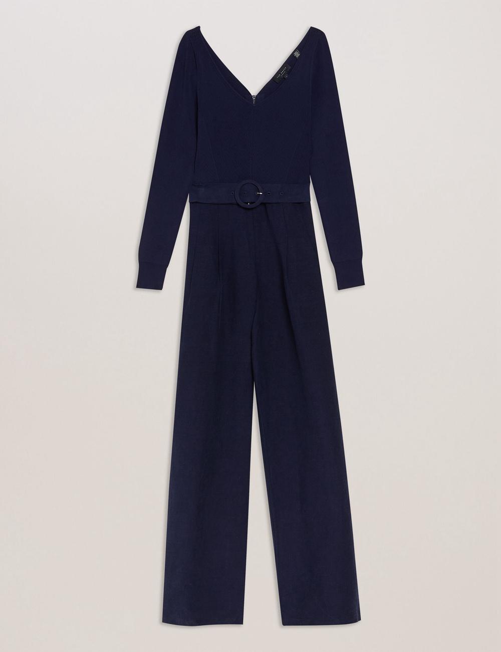 Women Ted Baker AGATEA - Off Shoulder Belted Wide Leg Jumpsuits Navy | Egypt  SQOUH-1859