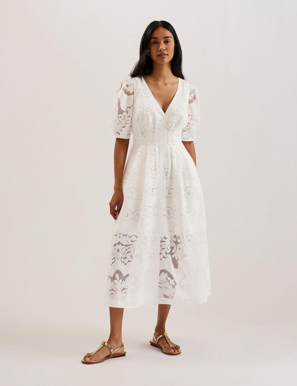 Women Ted Baker AGNEL - Lace Puff Sleeve Cotton Blend Midi Dresses White | Egypt  OQGIX-2083