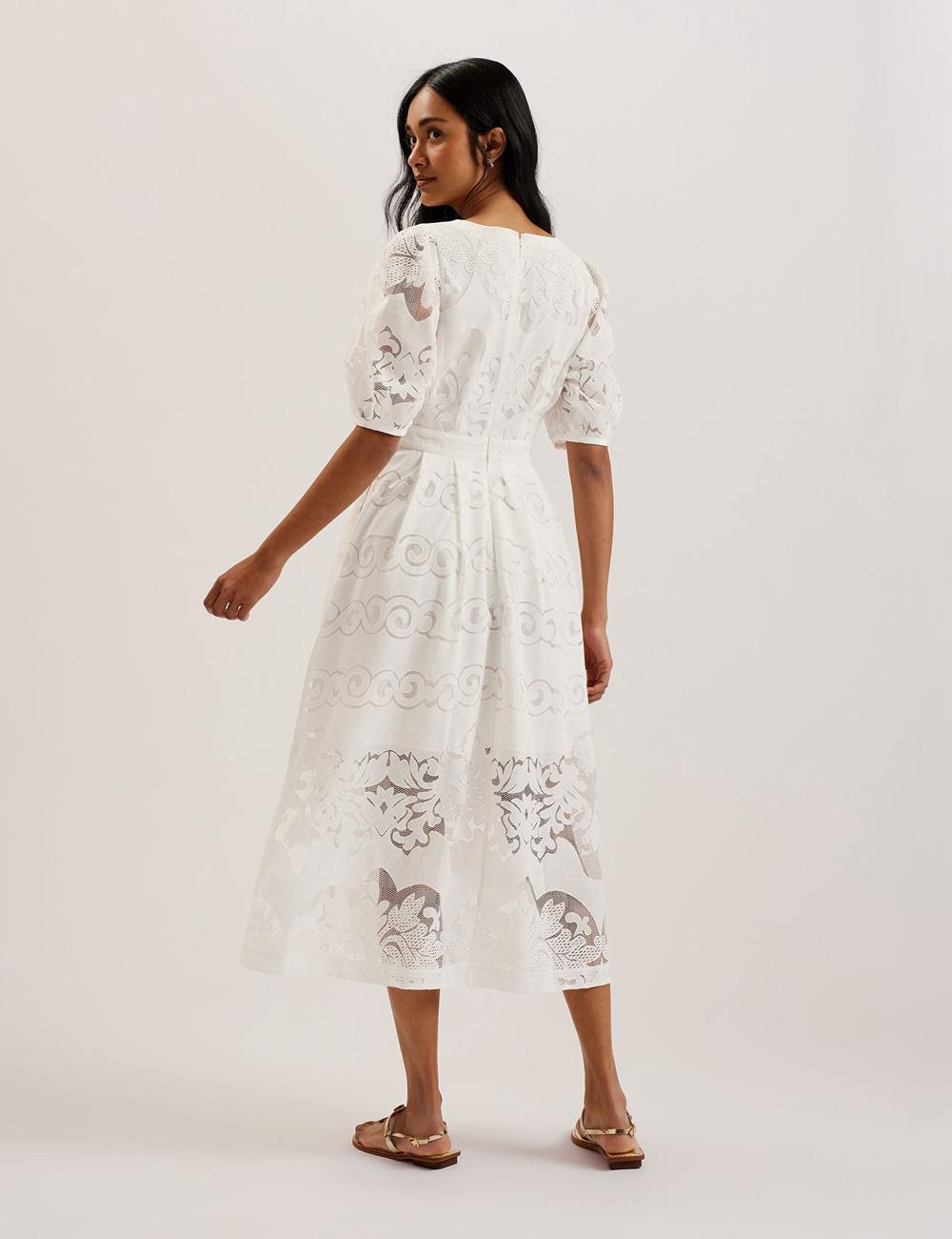 Women Ted Baker AGNEL - Lace Puff Sleeve Cotton Blend Midi Dresses White | Egypt  OQGIX-2083