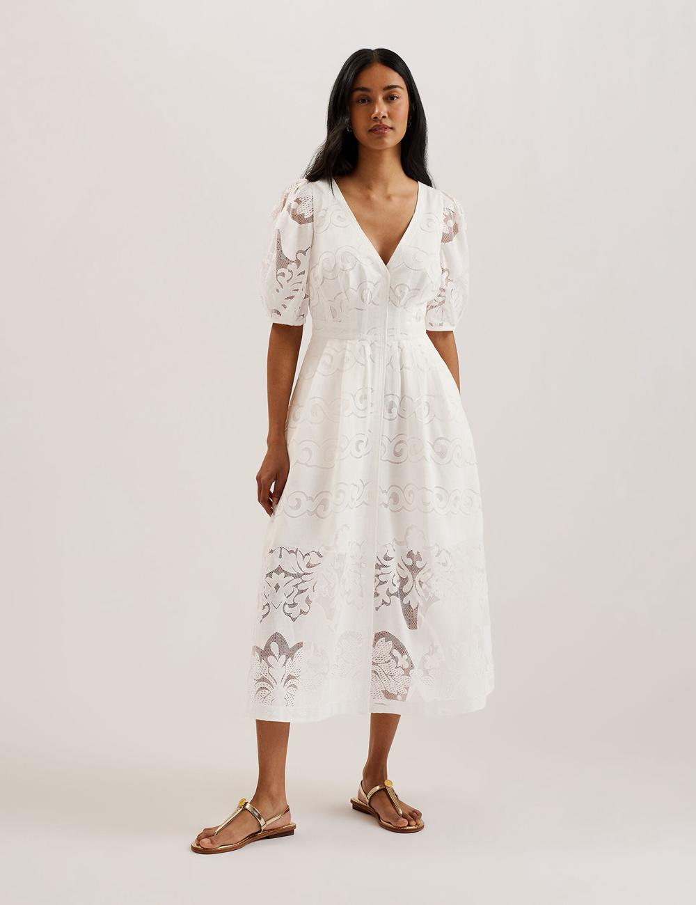 Women Ted Baker AGNEL - Lace Puff Sleeve Cotton Blend Midi Dresses White | Egypt  OQGIX-2083