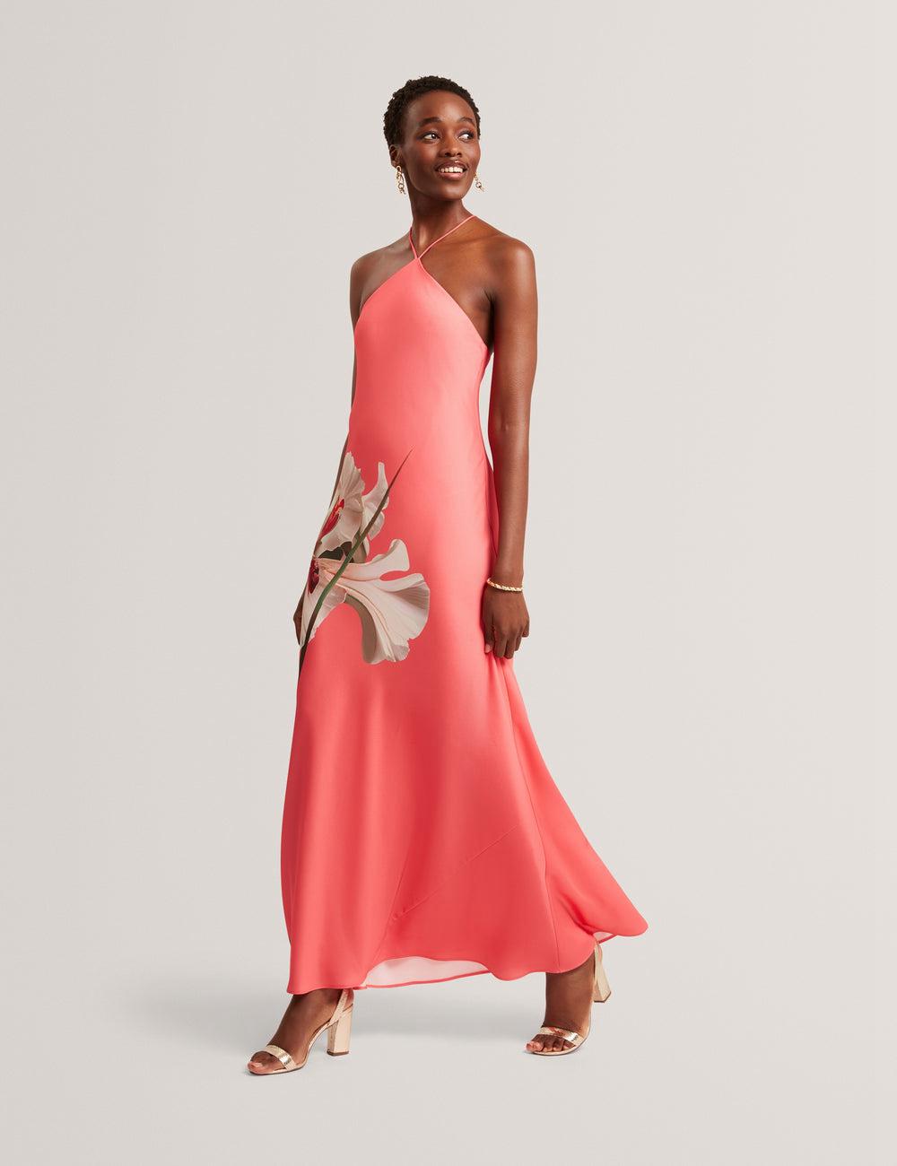 Women Ted Baker AJIMA - Floral Graphic Halter Neck Satin Maxi Dresses Coral | Egypt  NVOZK-6058