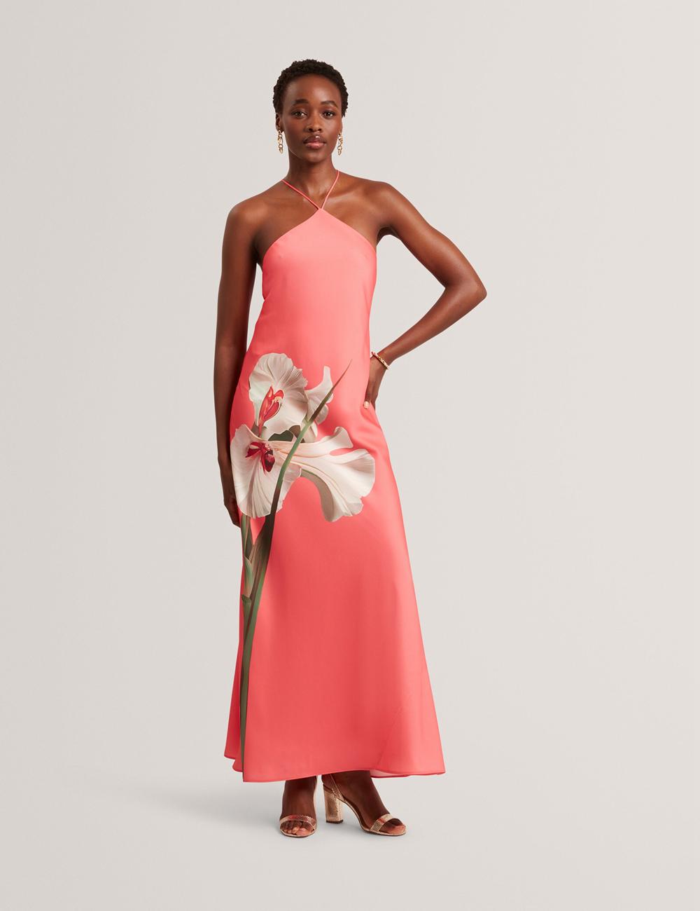 Women Ted Baker AJIMA - Floral Graphic Halter Neck Satin Maxi Dresses Coral | Egypt  NVOZK-6058