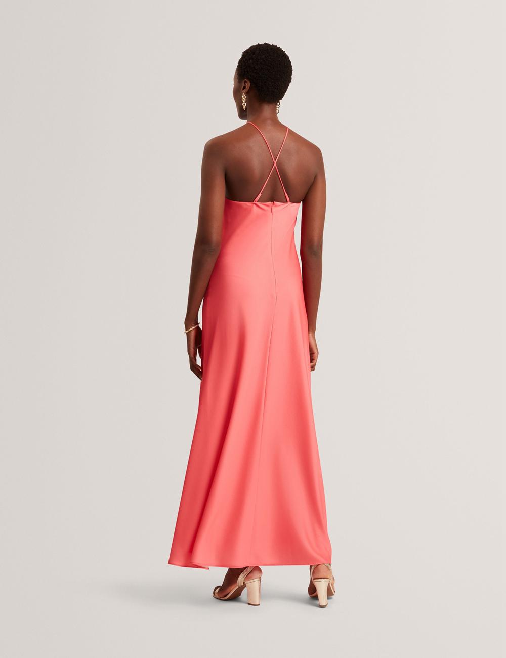 Women Ted Baker AJIMA - Floral Graphic Halter Neck Satin Maxi Dresses Coral | Egypt  NVOZK-6058