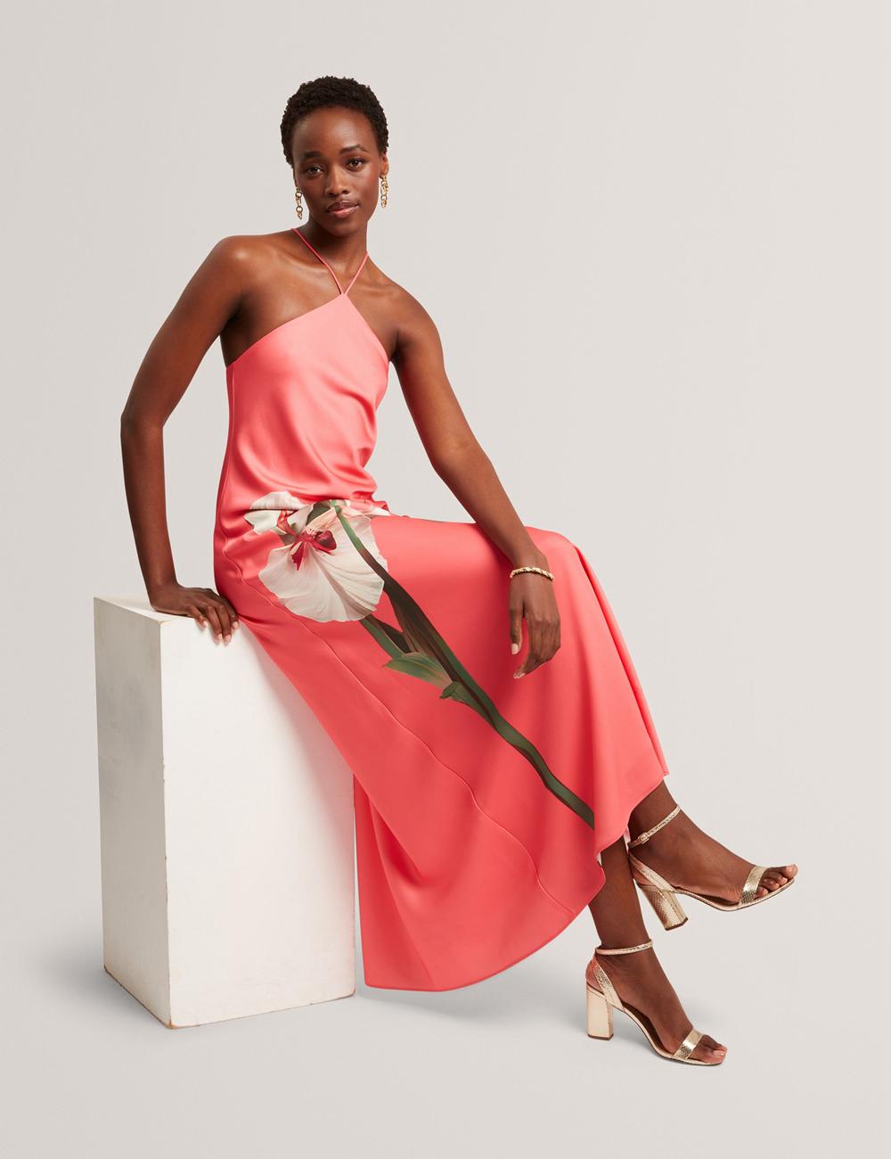 Women Ted Baker AJIMA - Floral Graphic Halter Neck Satin Maxi Dresses Coral | Egypt  NVOZK-6058