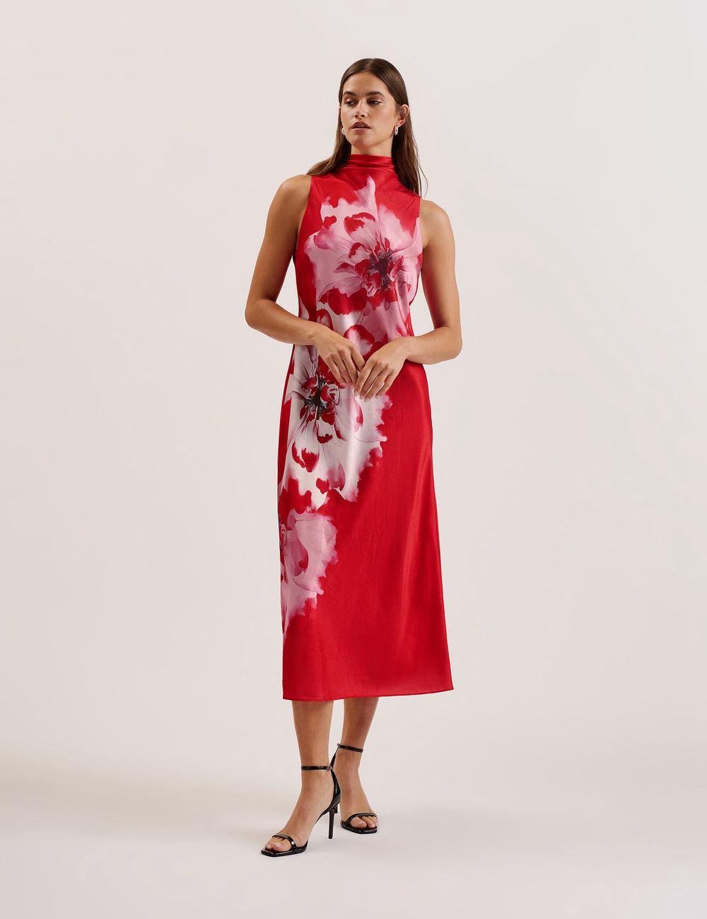 Women Ted Baker ALIARA - Floral Satin High Neck Sleeveless Midi Dresses Red | Egypt  WTMLG-0928