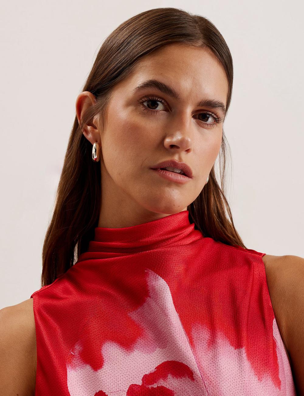 Women Ted Baker ALIARA - Floral Satin High Neck Sleeveless Midi Dresses Red | Egypt  WTMLG-0928