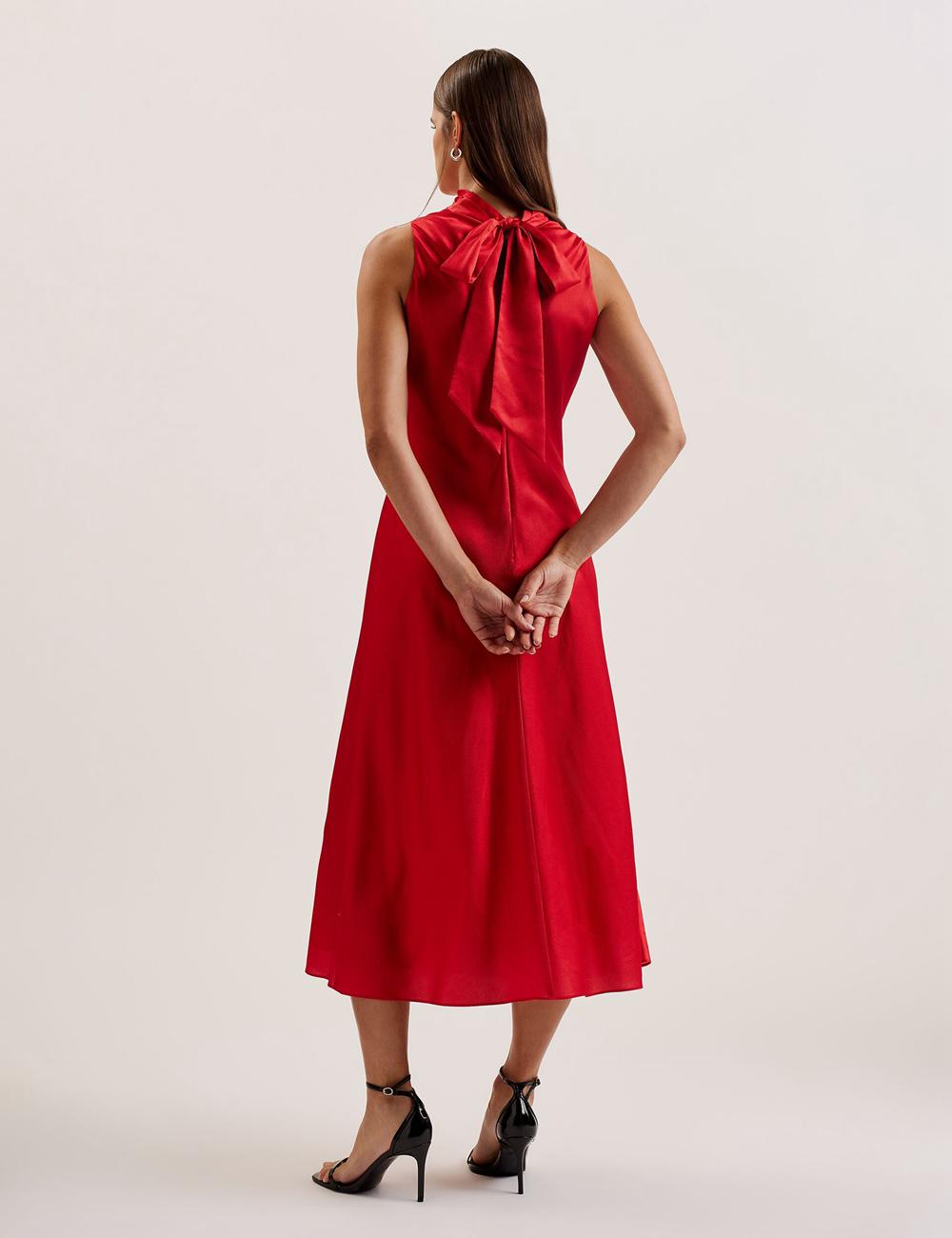 Women Ted Baker ALIARA - Floral Satin High Neck Sleeveless Midi Dresses Red | Egypt  WTMLG-0928