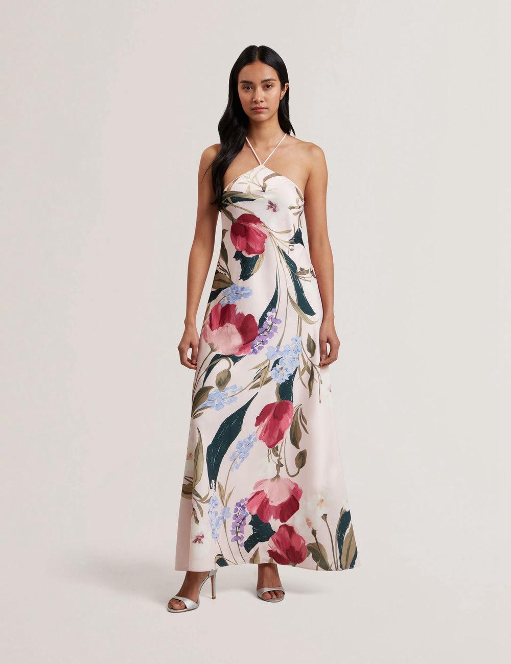Women Ted Baker ALMARIA - Floral Halter Neck Woven Maxi Dresses Pink | Egypt  XWLDZ-7612