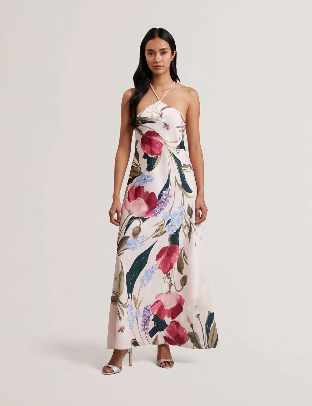 Women Ted Baker ALMARIA - Floral Halter Neck Woven Maxi Dresses Pink | Egypt  XWLDZ-7612
