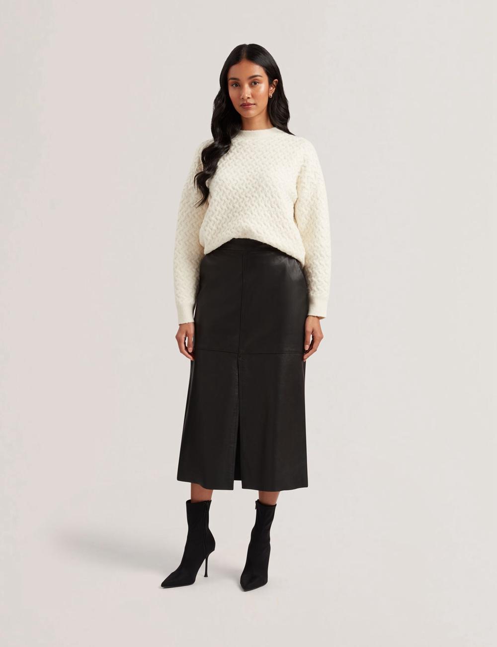 Women Ted Baker AOTO - Leather Pencil With Seam Detail Midi Skirts Black | Egypt  CMKUR-8403