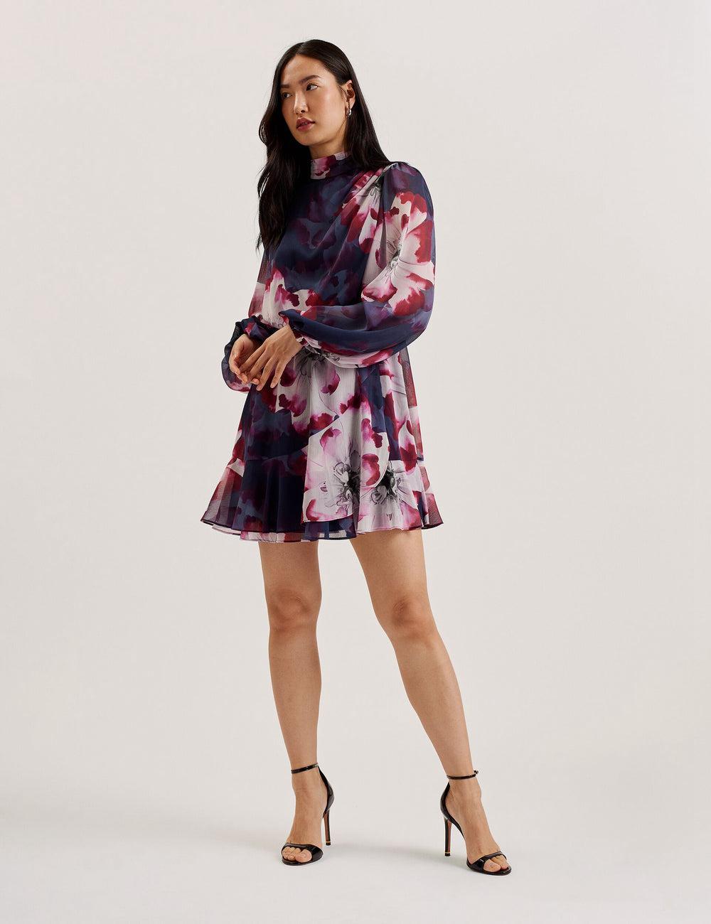 Women Ted Baker ARACELY - Floral High Neck Long Sleeve Mini Dresses Navy | Egypt  BLAYU-4156