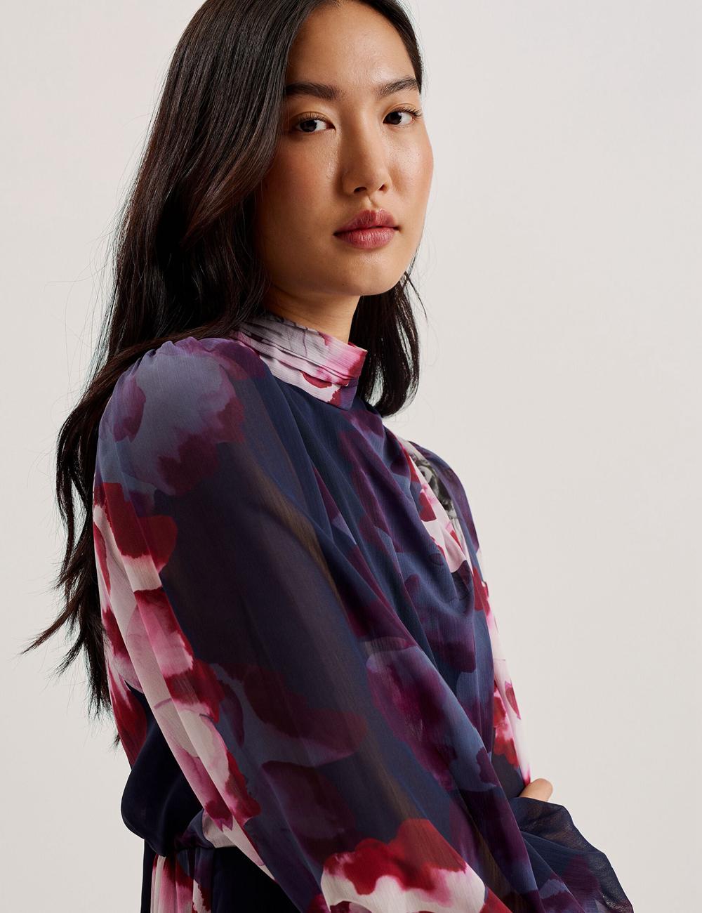 Women Ted Baker ARACELY - Floral High Neck Long Sleeve Mini Dresses Navy | Egypt  BLAYU-4156