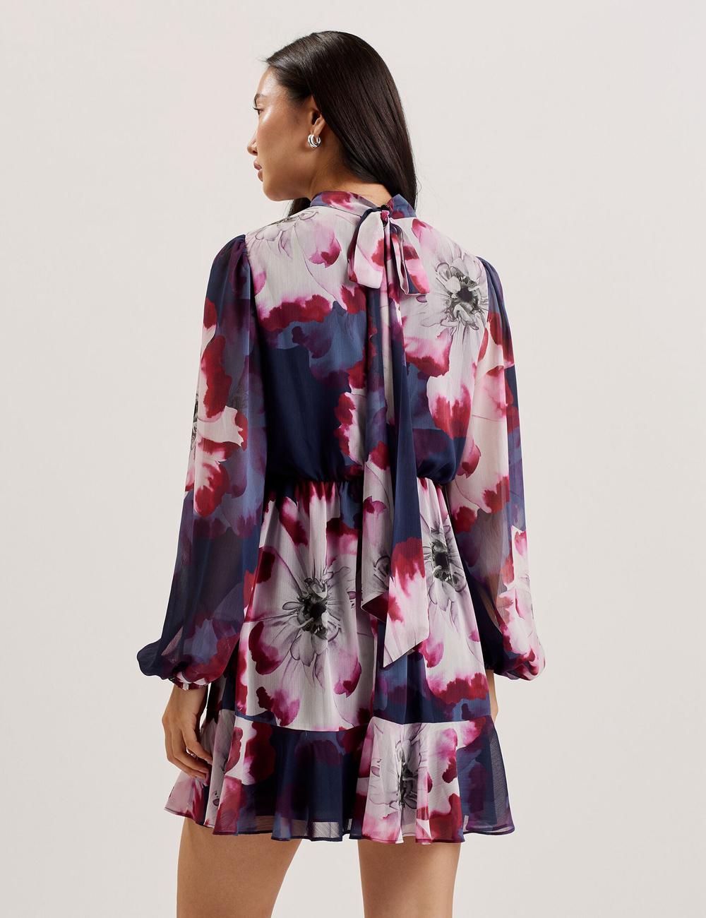 Women Ted Baker ARACELY - Floral High Neck Long Sleeve Mini Dresses Navy | Egypt  BLAYU-4156