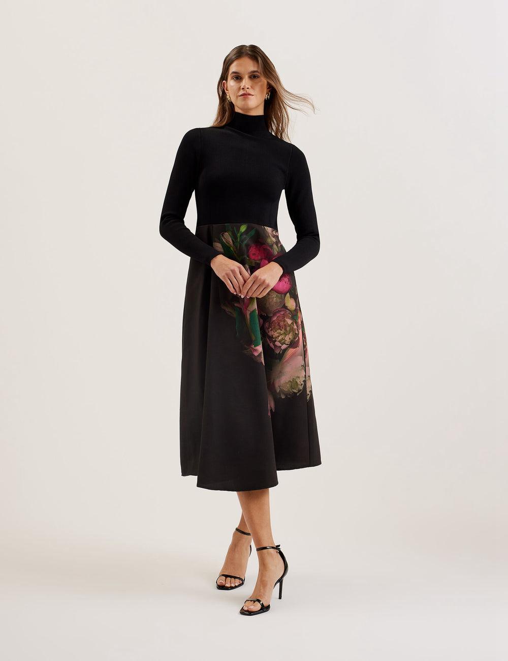 Women Ted Baker ASNES - Knit Bodice With Printed Skirt Midi Dresses Black | Egypt  ZCNUG-2140