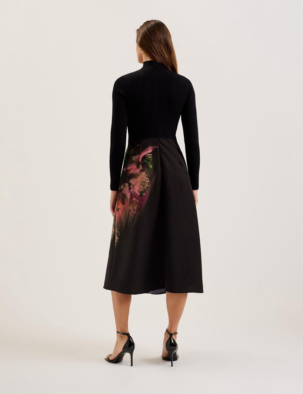 Women Ted Baker ASNES - Knit Bodice With Printed Skirt Midi Dresses Black | Egypt  ZCNUG-2140