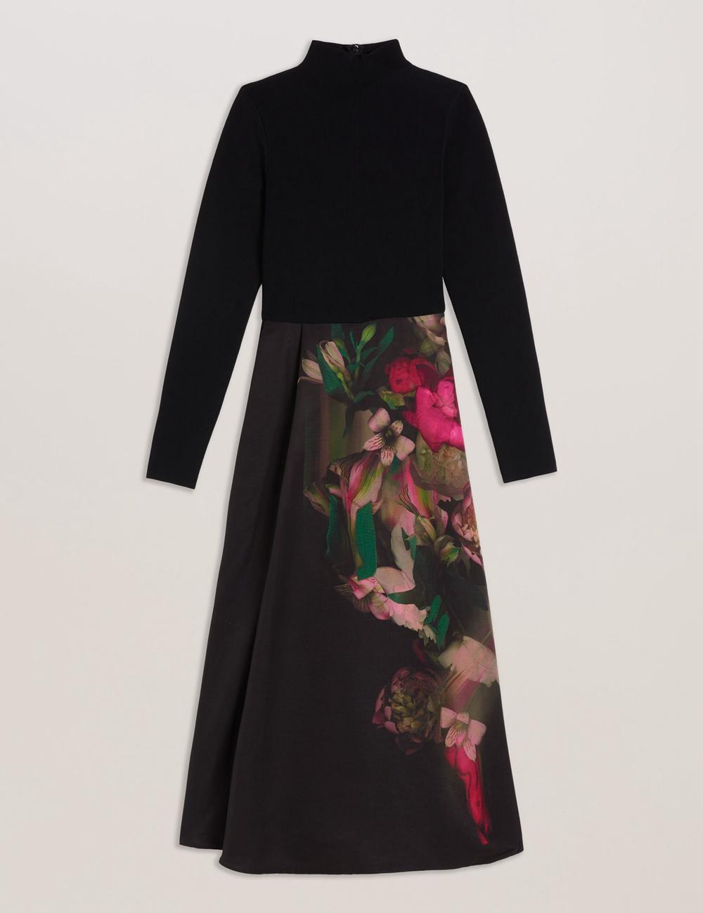 Women Ted Baker ASNES - Knit Bodice With Printed Skirt Midi Dresses Black | Egypt  ZCNUG-2140