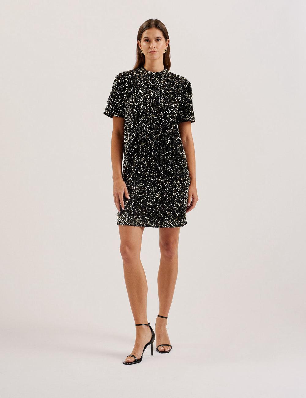 Women Ted Baker AUDRIYY - Sequin Embellished Velvet Shift Mini Dresses Black | Egypt  SDVZX-9320