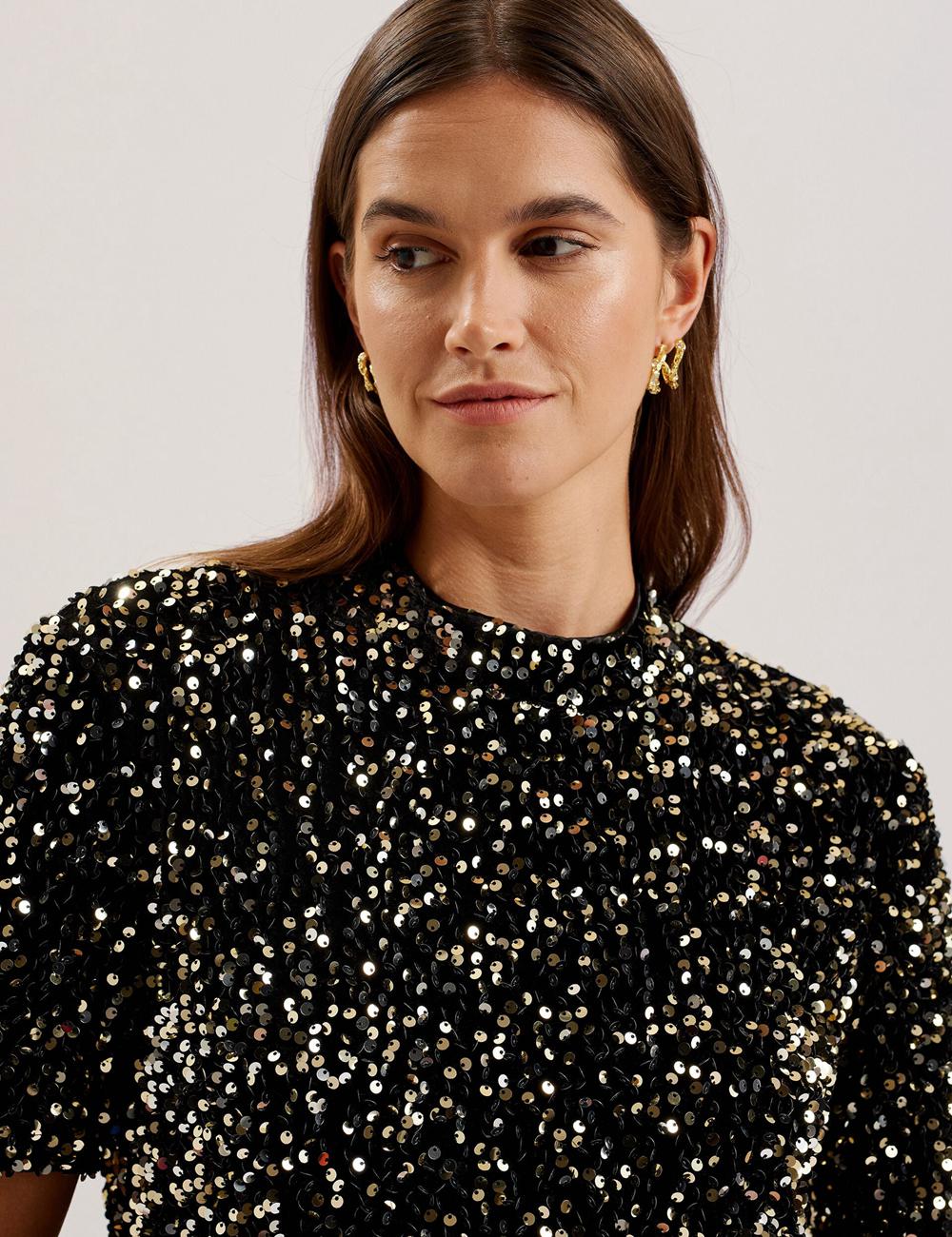 Women Ted Baker AUDRIYY - Sequin Embellished Velvet Shift Mini Dresses Black | Egypt  SDVZX-9320