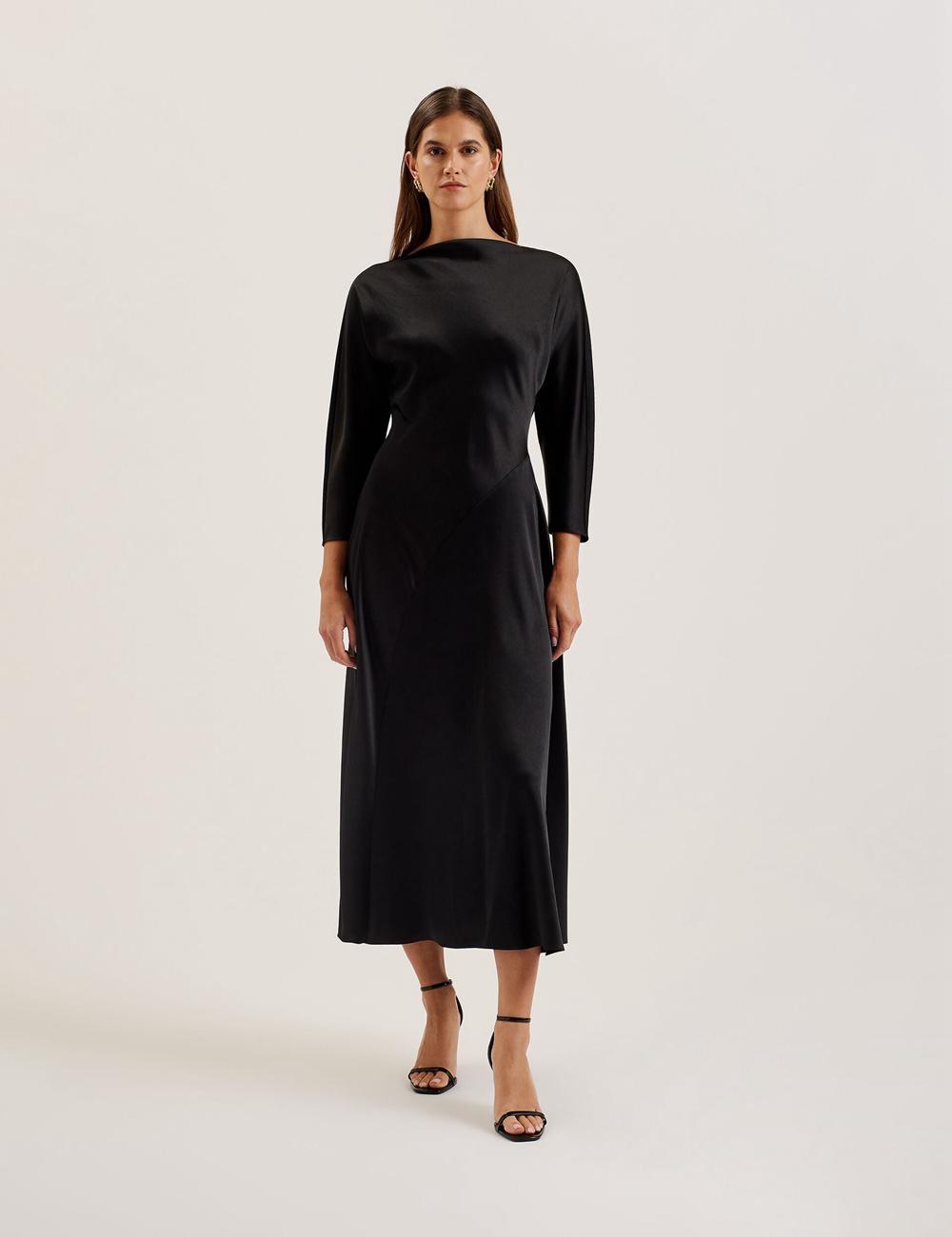 Women Ted Baker AVELLI - Satin Boat Neck A-Line Midi Dresses Black | Egypt  QUPMD-3845