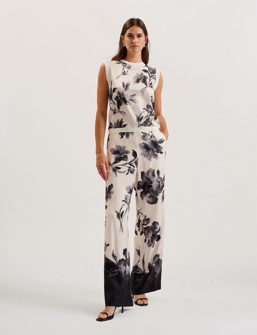 Women Ted Baker AWYNA - Floral Print Pull-On Wide Leg Trousers Black | Egypt  PMFDQ-9637