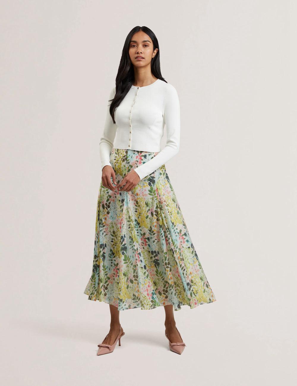 Women Ted Baker AZULLA - Floral A-Line Woven Midi Skirts Ivory | Egypt  XANYD-6379
