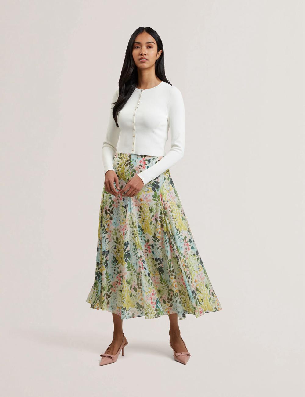 Women Ted Baker AZULLA - Floral A-Line Woven Midi Skirts Ivory | Egypt  XANYD-6379