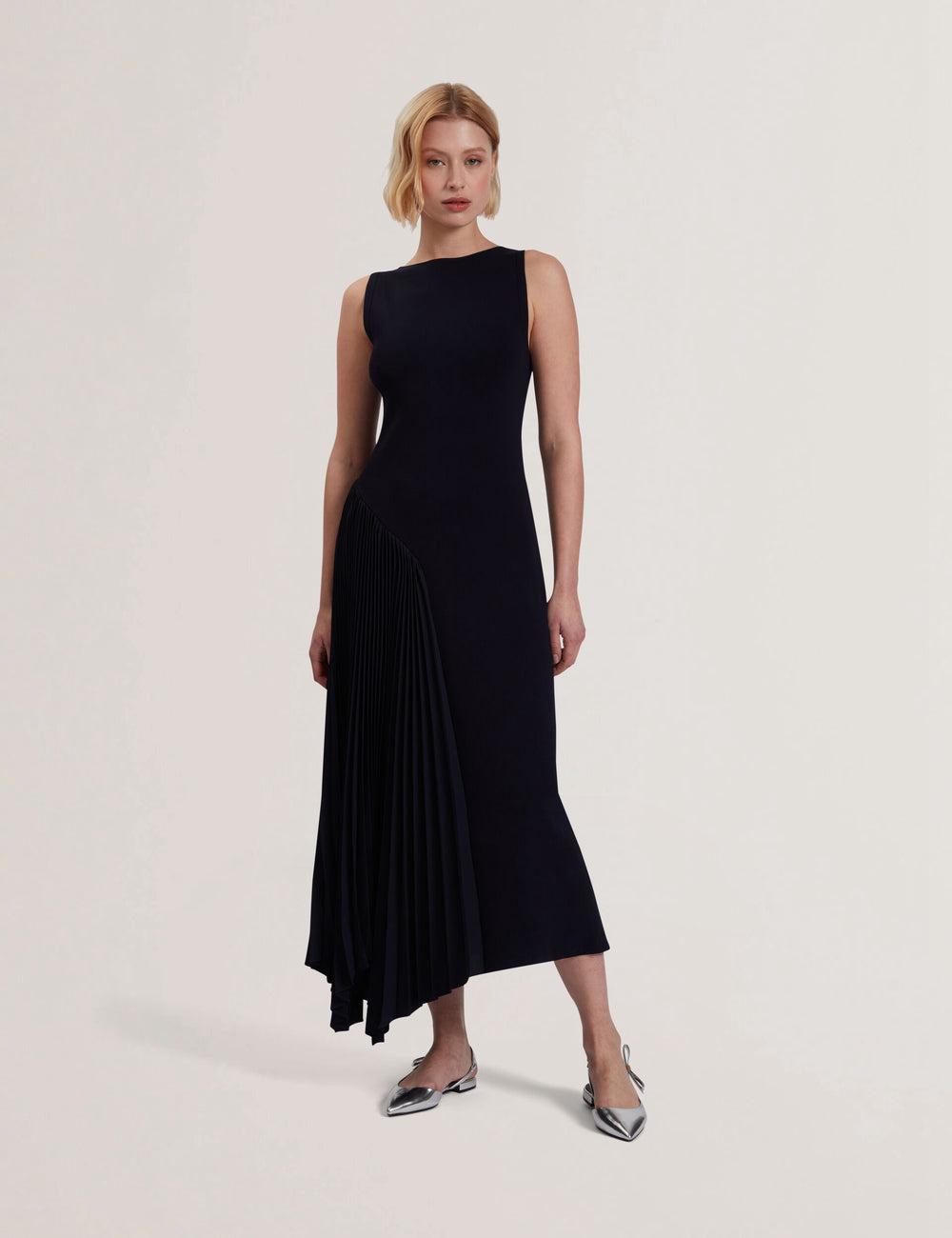 Women Ted Baker AZZINA - Pleated Panel Sleeveless Knitted Midi Dresses Navy | Egypt  LWCUQ-1786