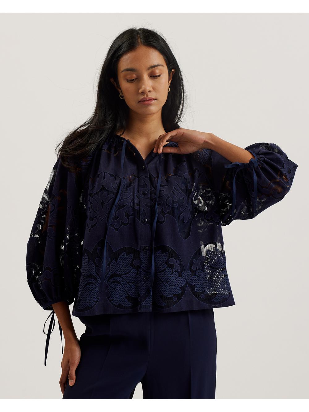 Women Ted Baker BACINA - Lace 3/4 Balloon Sleeve Blouses Dk-Blue | Egypt  WOUKY-2578