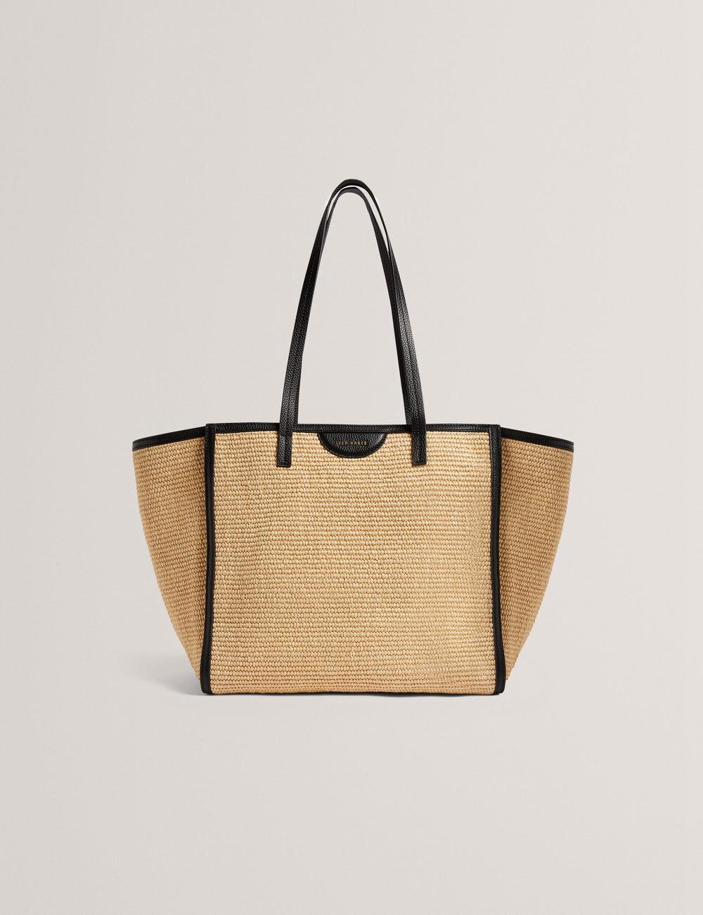 Women Ted Baker BARNI - Faux Raffia Leather Trim Large Shopper Shopper Bags Black | Egypt  NEFGY-4675