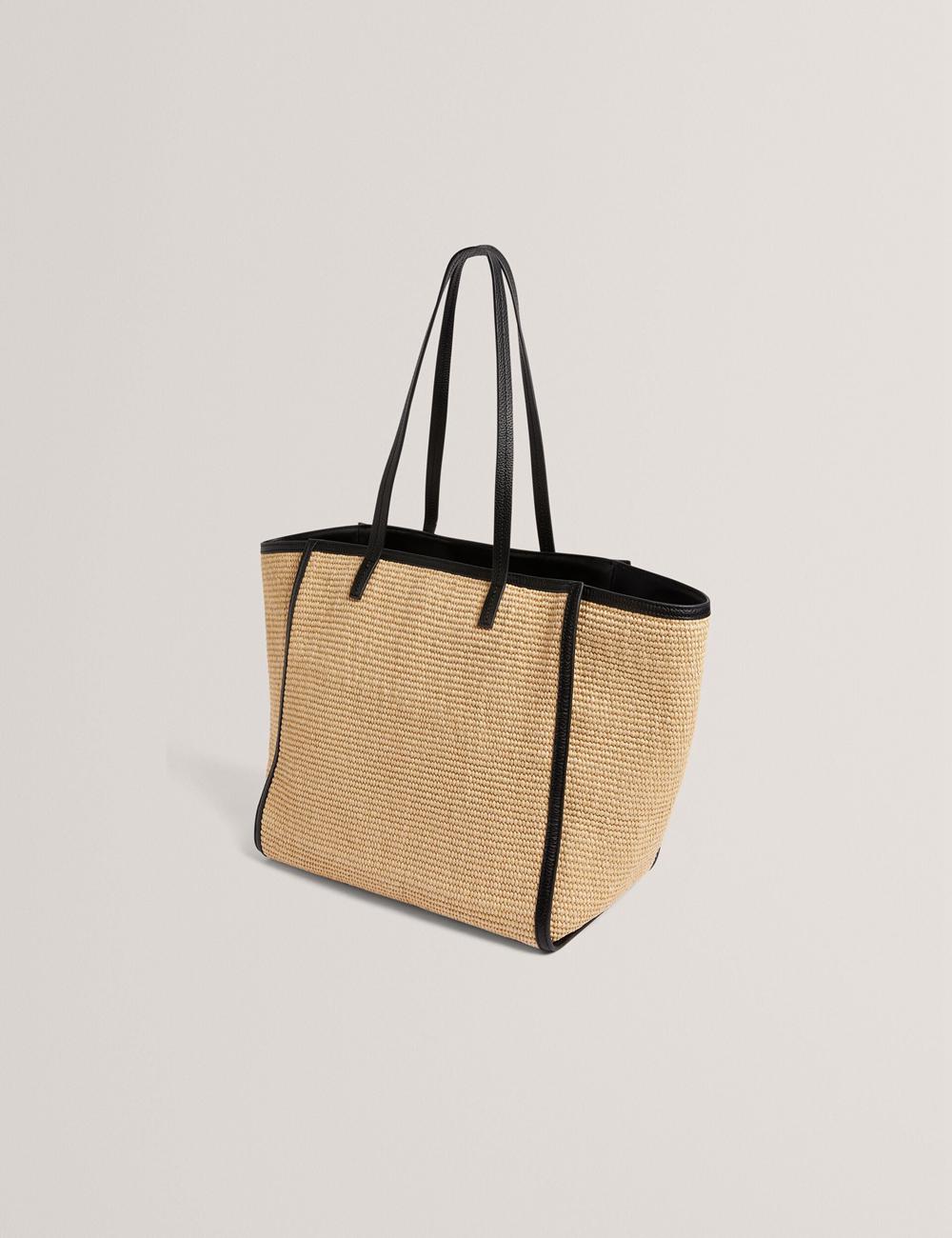 Women Ted Baker BARNI - Faux Raffia Leather Trim Large Shopper Shopper Bags Black | Egypt  NEFGY-4675